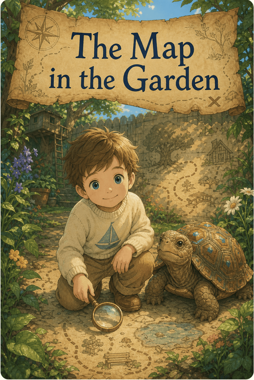 The cover of an illustrated storybook titled 'The Map in the Garden', showing a young boy with a magnifying glass and his pet tortoise in a garden, under a hand-drawn treasure map banner