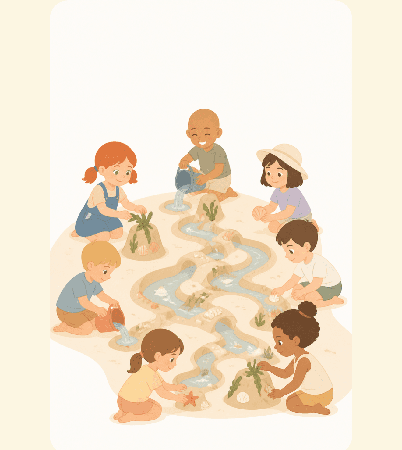 An illustrated page from the story 'Where the Streams Remember', showing eight children building sand channels and streams together on a beach